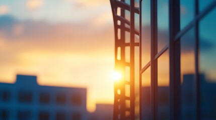 Canvas Print - A beautiful sunset reflects off a modern building, highlighting architectural lines against a colorful sky.