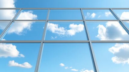 A clear glass window frame reflects a bright blue sky dotted with fluffy clouds, creating an airy and open atmosphere.