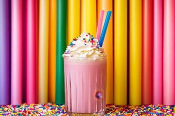 Canvas Print - Pink Strawberry Milkshake with Whipped Cream and Sprinkles