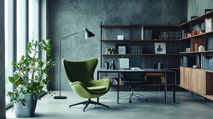 Sticker - Modern Office Interior Design with Stylish Green Chair and Bookshelf