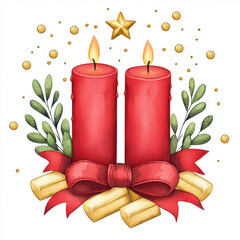 Wall Mural - Red candles with flames, surrounded by greenery and festive decorations, create warm holiday atmosphere