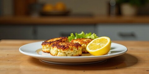 Wall Mural - Delicious golden-brown fried patties served on a plate with a lemon wedge and fresh greens