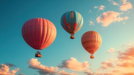  Three hot air balloons soar, pastel sky.