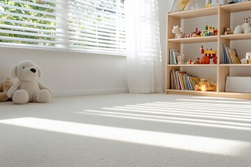 Poster - Cozy children's room with soft carpet and organized bookshelf.