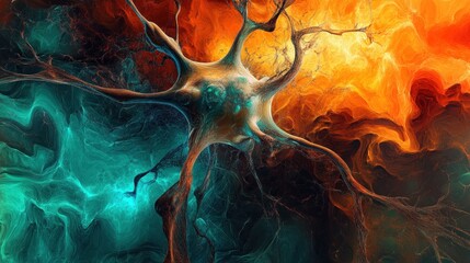 Poster - Abstract Neuron Network with Orange and Teal Hues