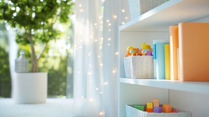 Poster - A bright, cozy playroom with colorful toys and books on shelves.