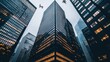 © milenialdesastudio - Low-angle view of skyscrapers at dusk with drones.