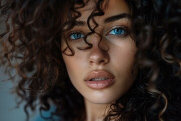 Close up portrait showcasing the captivating beauty of a young woman with voluminous curly hair and mesmerizing blue eyes