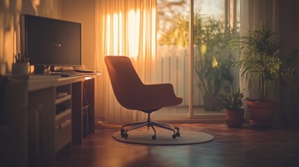 Wall Mural - Sunlit home office with comfortable chair, desk, and plants.