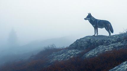 Wall Mural - A solitary wolf standing on a granite ridge, its silhouette framed by the soft light of dawn, with patches of lichen and mist rising from the rocky ground. 