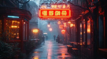 Wall Mural - Rainy night, neon-lit Chinese alleyway.