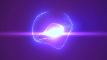 Glowing purple particles creating a floating sphere shape with intense light at its core, set against a deep violet background