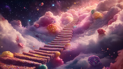 Wall Mural - a stairway of glittering bonbons, each step dissolving into candy dust as it ascends into a swirling