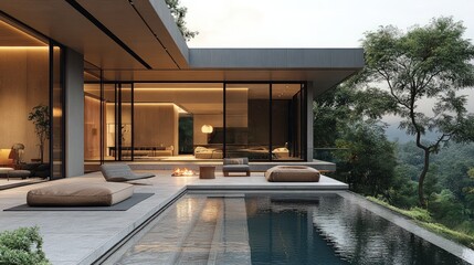 Wall Mural - Modern house, infinity pool, forest view.