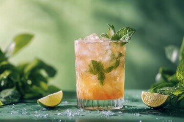 Canvas Print - Refreshing cocktail with lime and mint on a vibrant green backdrop