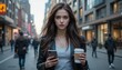 © Crazy Dark Queen - Young woman walking in an urban street holding coffee and a smartphone wearing a leather jacket