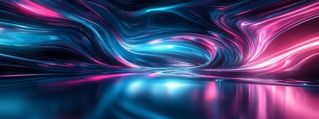 Poster - Abstract neon glowing pink blue waves.