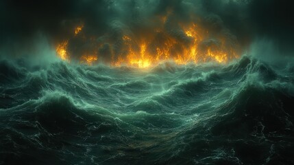 Canvas Print - Fiery storm raging over dark, turbulent sea.