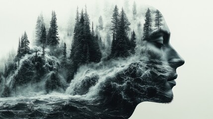 Wall Mural - Surreal double exposure portrait of a woman with a forest and waterfall.