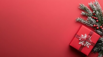 Wall Mural - Red gift box with snowflake ribbon and fir branch on red background.