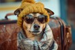 © juliars - Small dog wearing sunglasses, winter hat and scarf sitting near its travel bag, ready for a trip