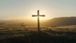 © Hettie - Serene Rural Landscape with Weathered Cross at Sunset, Evoking Peace, Faith, and Spiritual Reflection in Nature