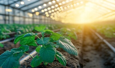 Wall Mural - Greenhouse with young plants illuminated by sunlight.