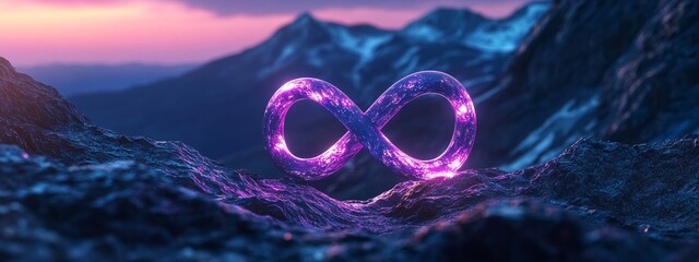 Wall Mural - Glowing infinity symbol on mountain peak at sunset.