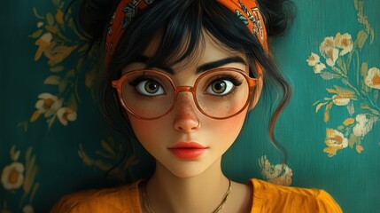 Wall Mural - The young woman with glasses lies on a floral background, wearing an orange headband and orange shirt, captivating with her vibrant expression.