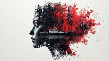 Wall Mural - Woman's face merging with forest, boat, and water.