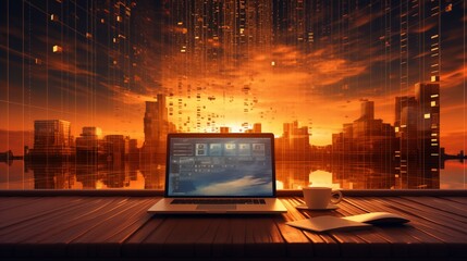 A computer screen with code and digital graphics, golden hour lighting, space on the left for logo,generative ai illustration