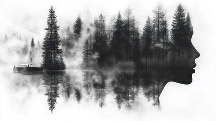 Wall Mural - Woman's face silhouette merged with misty forest and lake reflection.