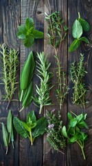 Fresh herbs of various types are artistically displayed on a dark wooden background, creating a rustic and vibrant arrangement symbolizing natural beauty and tranquility.