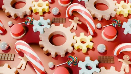 3D rendering of gear mechanism in seamless loop with various dessert