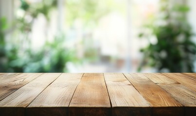 Wall Mural - Empty wooden table against blurred garden background. (1)