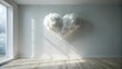 © Mali - Serene empty room with a heart-shaped cloud on the wall, sunlit hardwood floors and a large window with a view