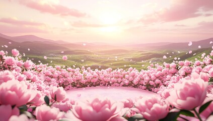 Wall Mural - serene sunrise over pink flower field, idyllic landscape.