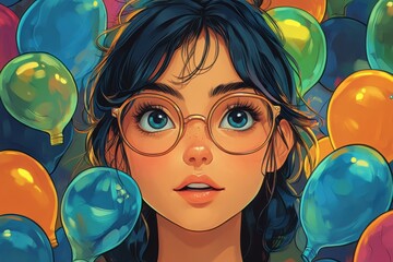 Canvas Print - Portrait of a Young Woman with Glasses Amidst a Vibrant Arrangement of Colorful Balloons in a Dreamlike Surrealistic Artistic Setting