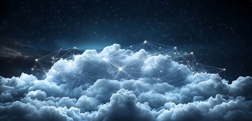 Digital Clouds with Virtual Network Connections Over a Dark Background