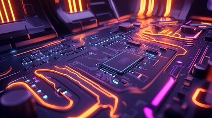 Futuristic Circuit Board with Glowing Lines and Chips in High-Tech Setup