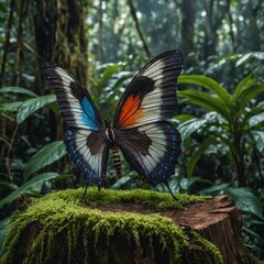 A butterfly-winged creature with gradient fur sitting on a tree stump in a lush rainforest.