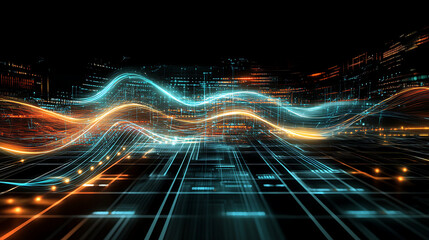 Digital Flow:  Abstract digital waves of blue and orange light pulse across a network of glowing circuits in a futuristic, high-tech background.  