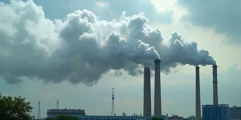 Industrial Power Plant Emitting Smoke into the Sky with a Natural Background of Trees and Clouds