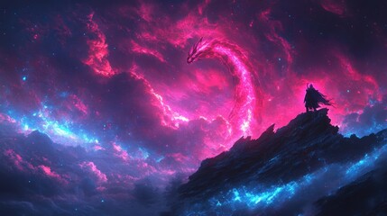 Wall Mural - A mystical scene depicting a dragon in vibrant cosmic colors, with a silhouetted figure on a mountain.