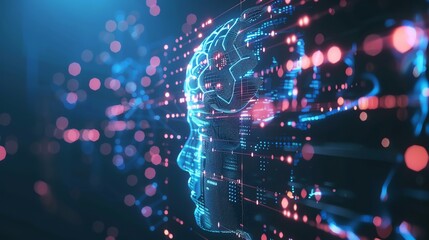 Wall Mural - a digital rendering of a human head with a glowing brain.