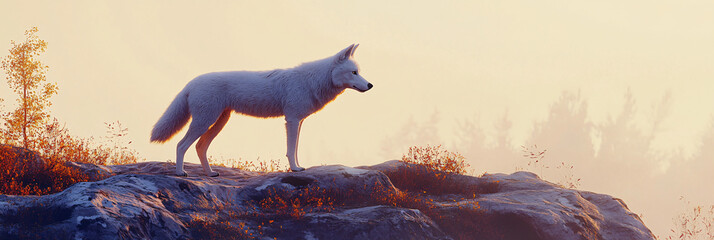 Wall Mural - A white wolf standing on a granite ridge, its silhouette framed by the pale light of dawn, with lichen patches glowing faintly on the rocks beneath it.  