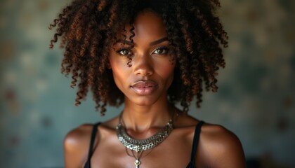 Wall Mural - A woman with curly hair wearing a necklace