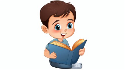 Wall Mural - A cartoon boy sits and reads a book.