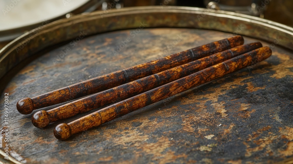 Unique wooden drumsticks resting on an aged vintage snare drum in ...