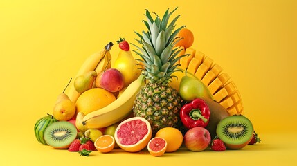 Wall Mural - A colorful variety of fresh fruits and vegetables on a yellow background.